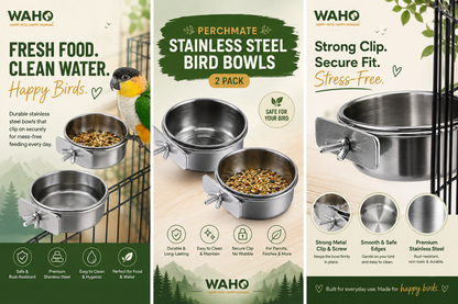 WAHO™ PerchMate Stainless Steel Bird Bowls – 2 Pack