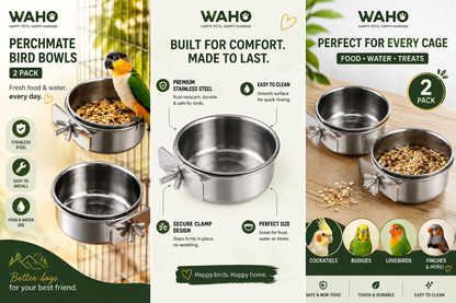 WAHO™ PerchMate Stainless Steel Bird Bowls – 2 Pack
