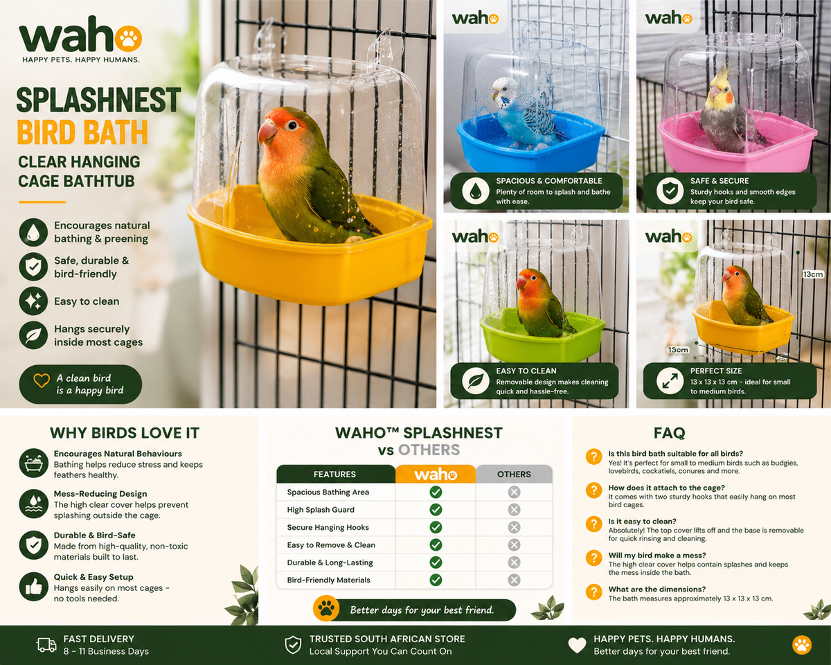 WAHO™ SplashNest Bird Bath – Clear Hanging Cage Bathtub