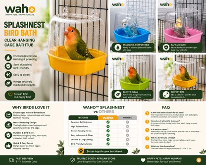 WAHO™ SplashNest Bird Bath – Clear Hanging Cage Bathtub