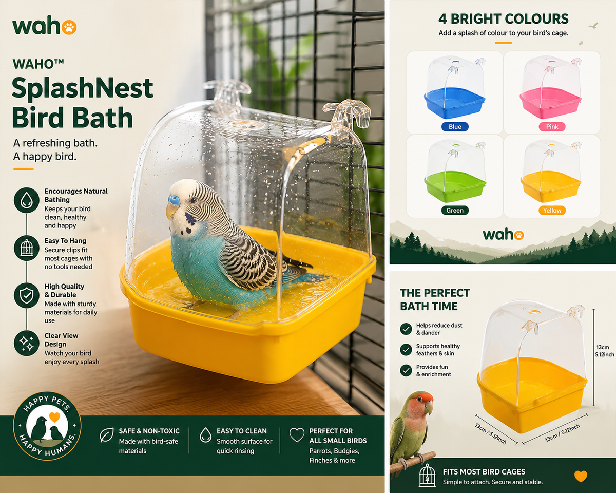 WAHO™ SplashNest Bird Bath – Clear Hanging Cage Bathtub
