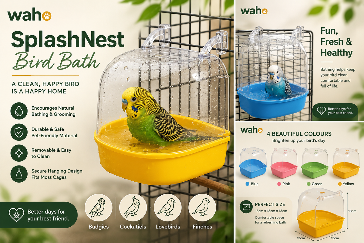 WAHO™ SplashNest Bird Bath – Clear Hanging Cage Bathtub