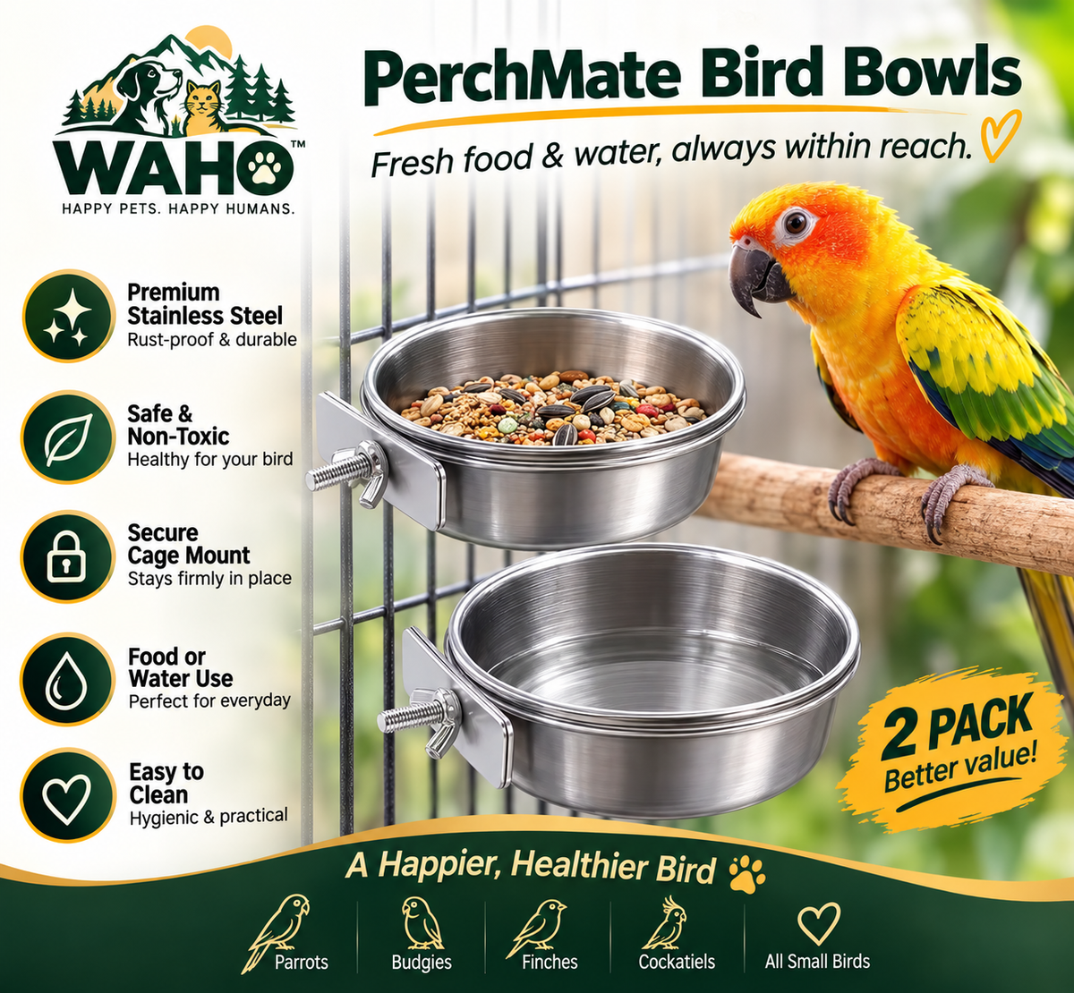 WAHO™ PerchMate Stainless Steel Bird Bowls – 2 Pack