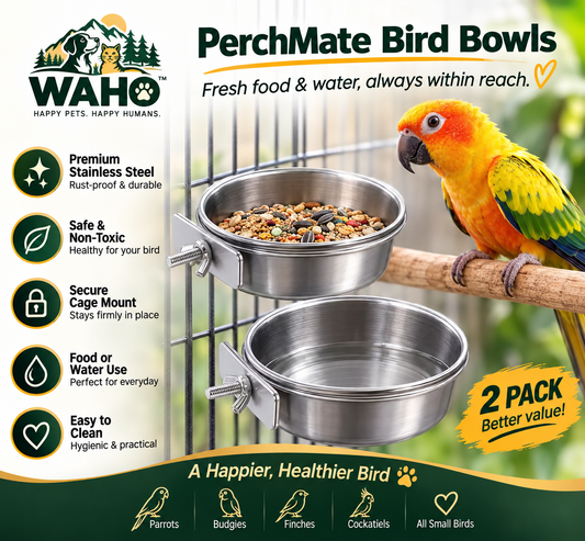 WAHO™ PerchMate Stainless Steel Bird Bowls – 2 Pack
