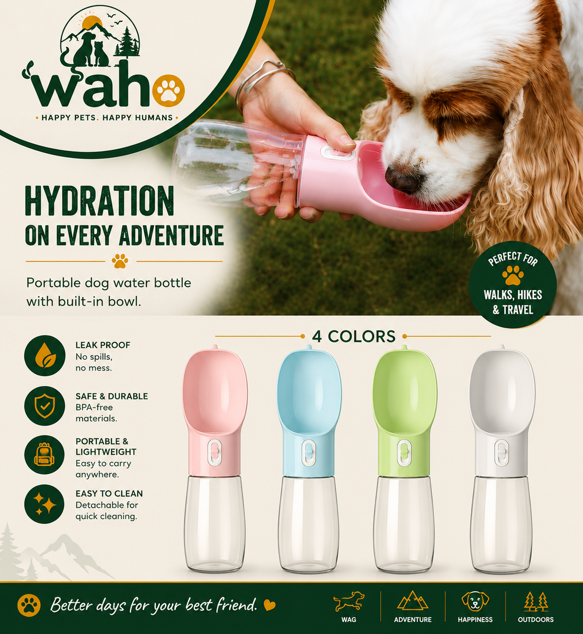 WAHO Portable Pet Water Bottle - features and colour options