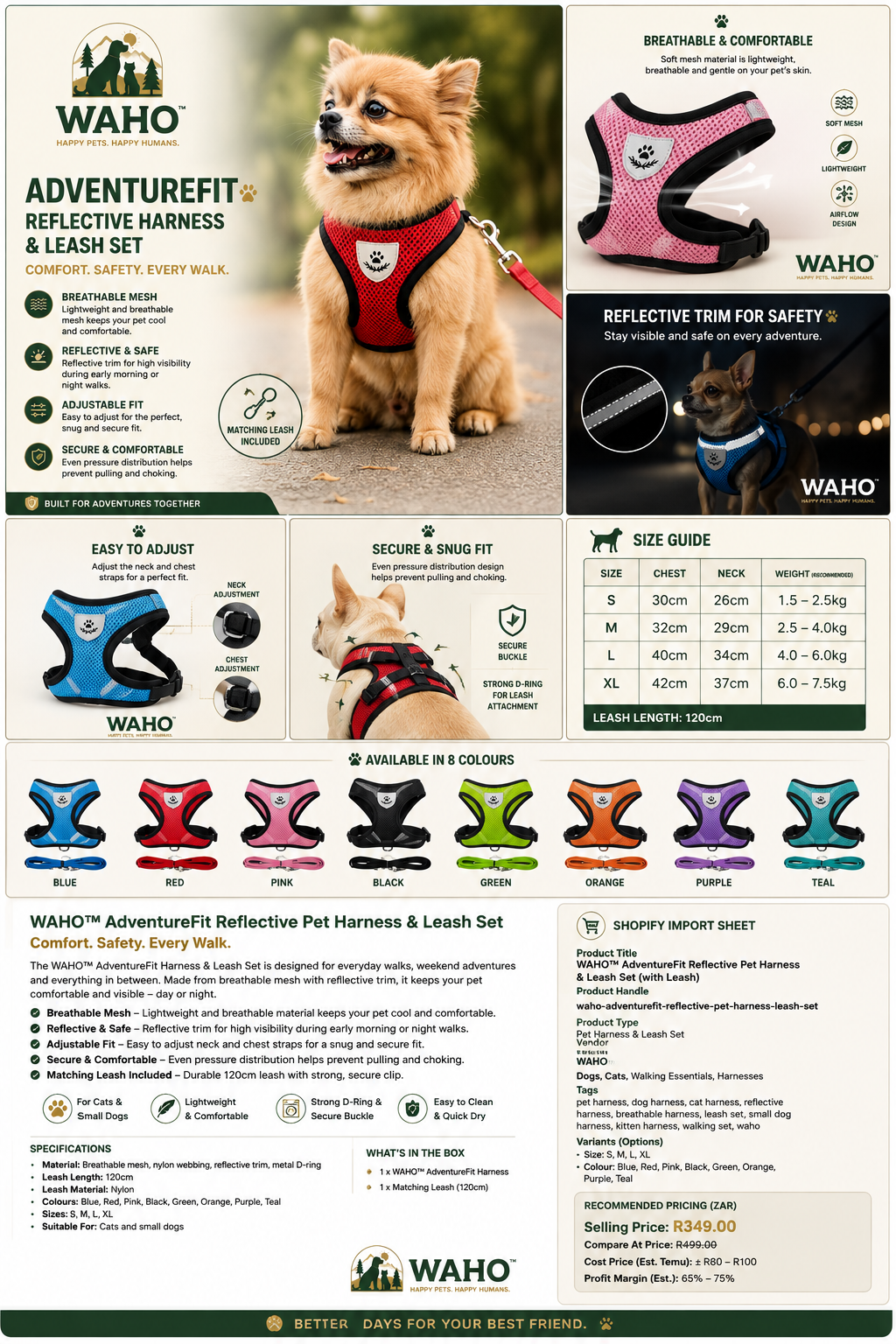 WAHO™ AdventureFit Reflective Pet Harness & Leash Set