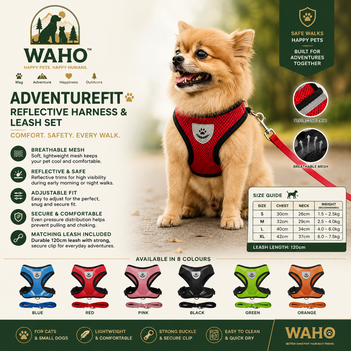 WAHO™ AdventureFit Reflective Pet Harness & Leash Set